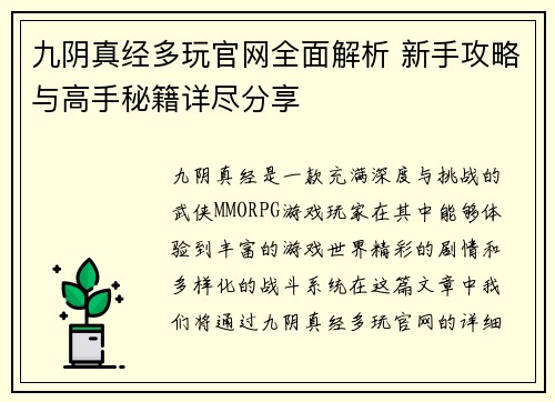 九阴真经多玩官网全面解析 新手攻略与高手秘籍详尽分享