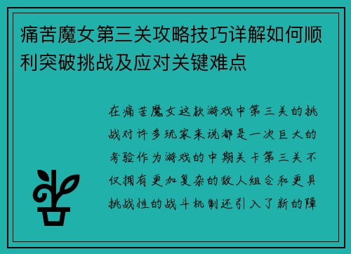 痛苦魔女第三关攻略技巧详解如何顺利突破挑战及应对关键难点